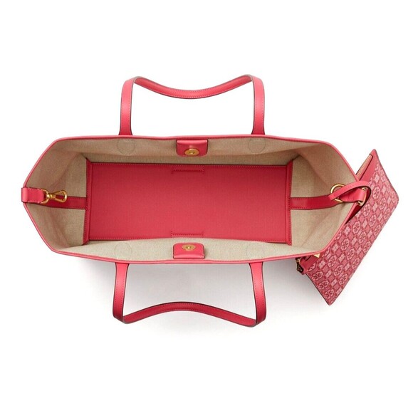 New Kate Spade Flower Monogram Coated Canvas Tote Raspberry Multi with Pouch - Picture 3 of 4